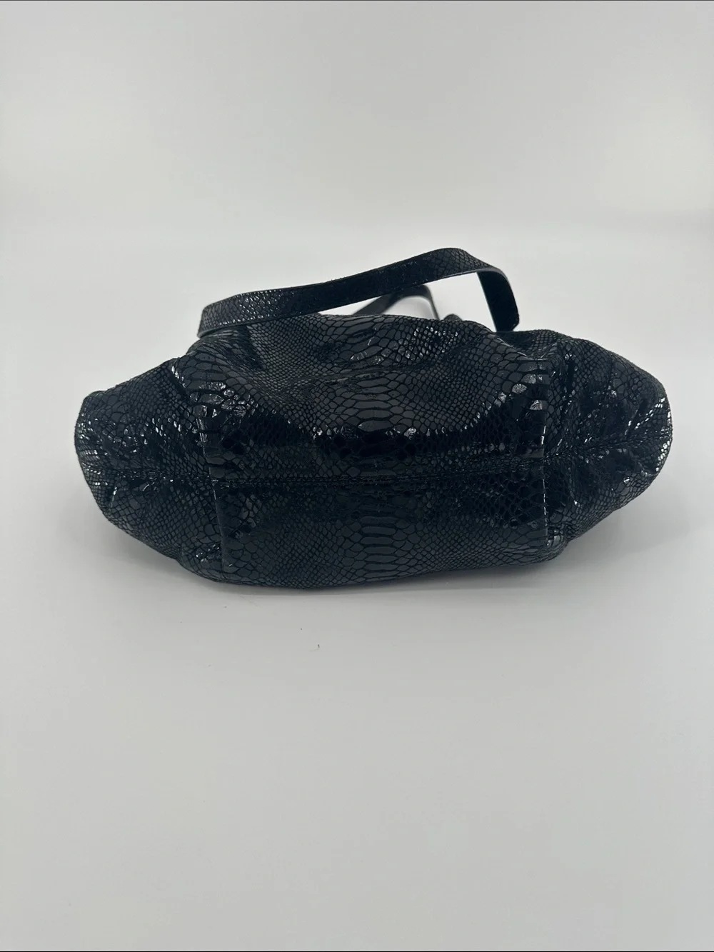 Michael Kors Black Patent Snakeskin-Textured Drawstring Shoulder Bag